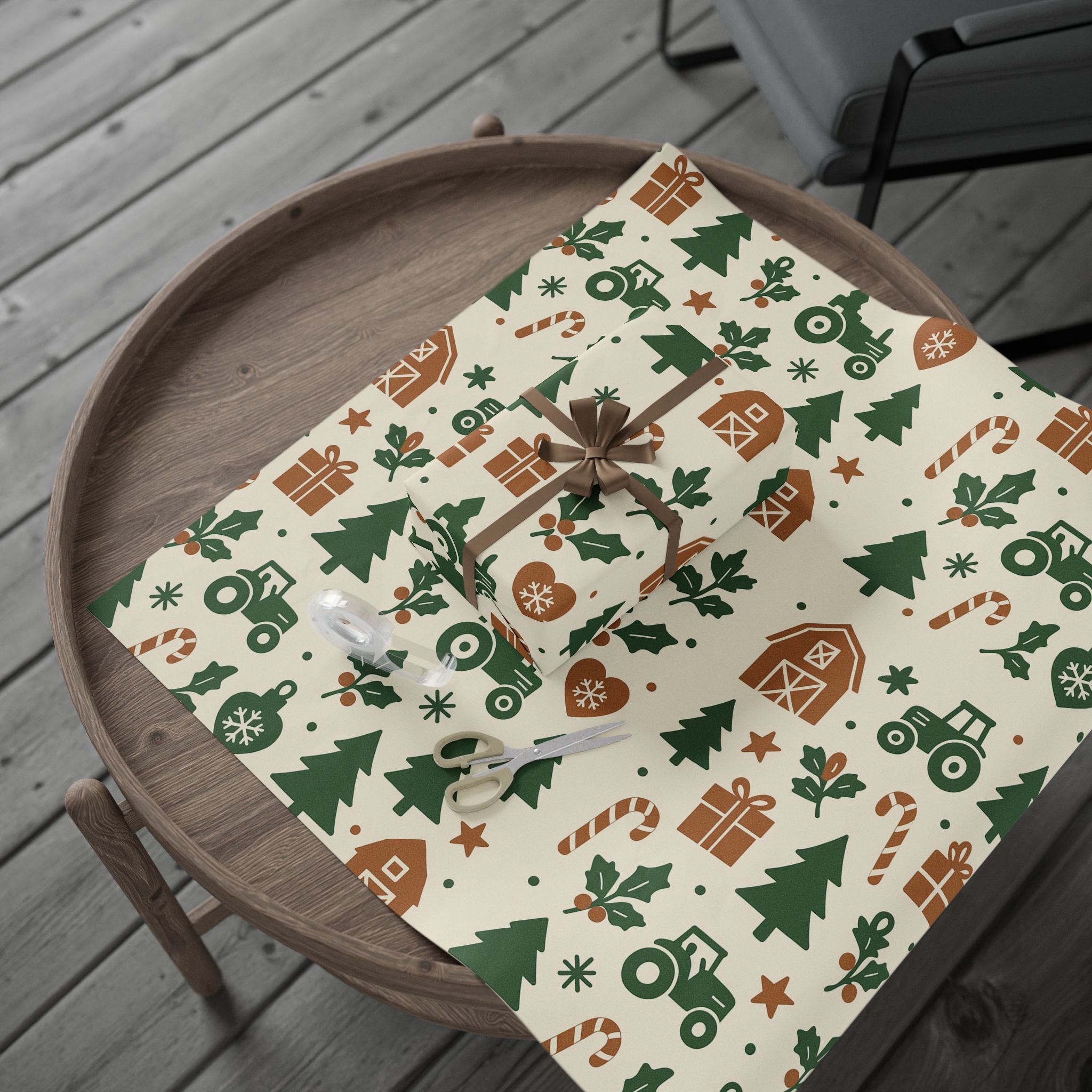 Farm themed Christmas Wrapping Paper With Tractors and Trees