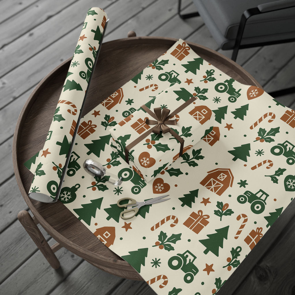 Farm themed Christmas Wrapping Paper With Tractors and Trees