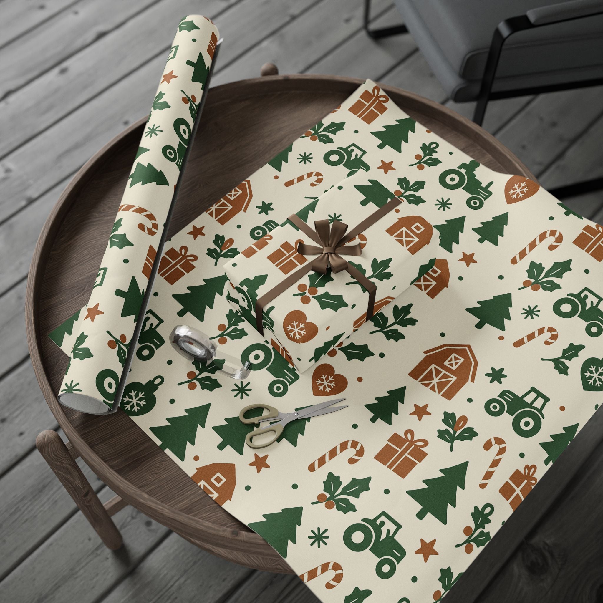 Farm themed Christmas Wrapping Paper With Tractors and Trees