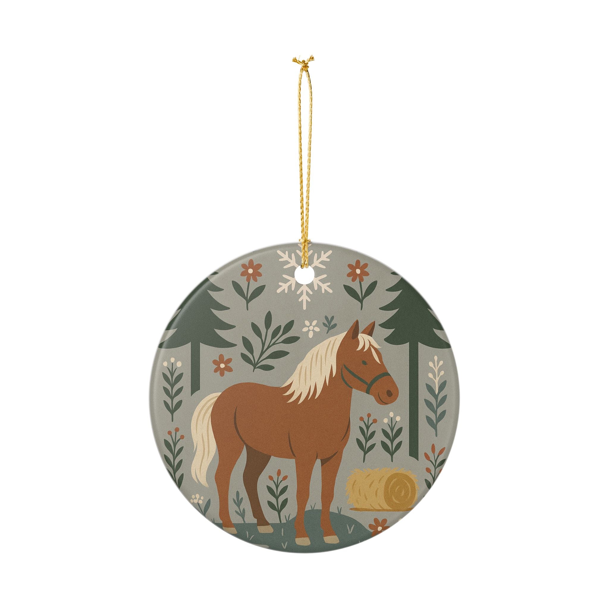 Rustic Horse Ceramic Ornament — Farmhouse Holiday Hanging Decoration