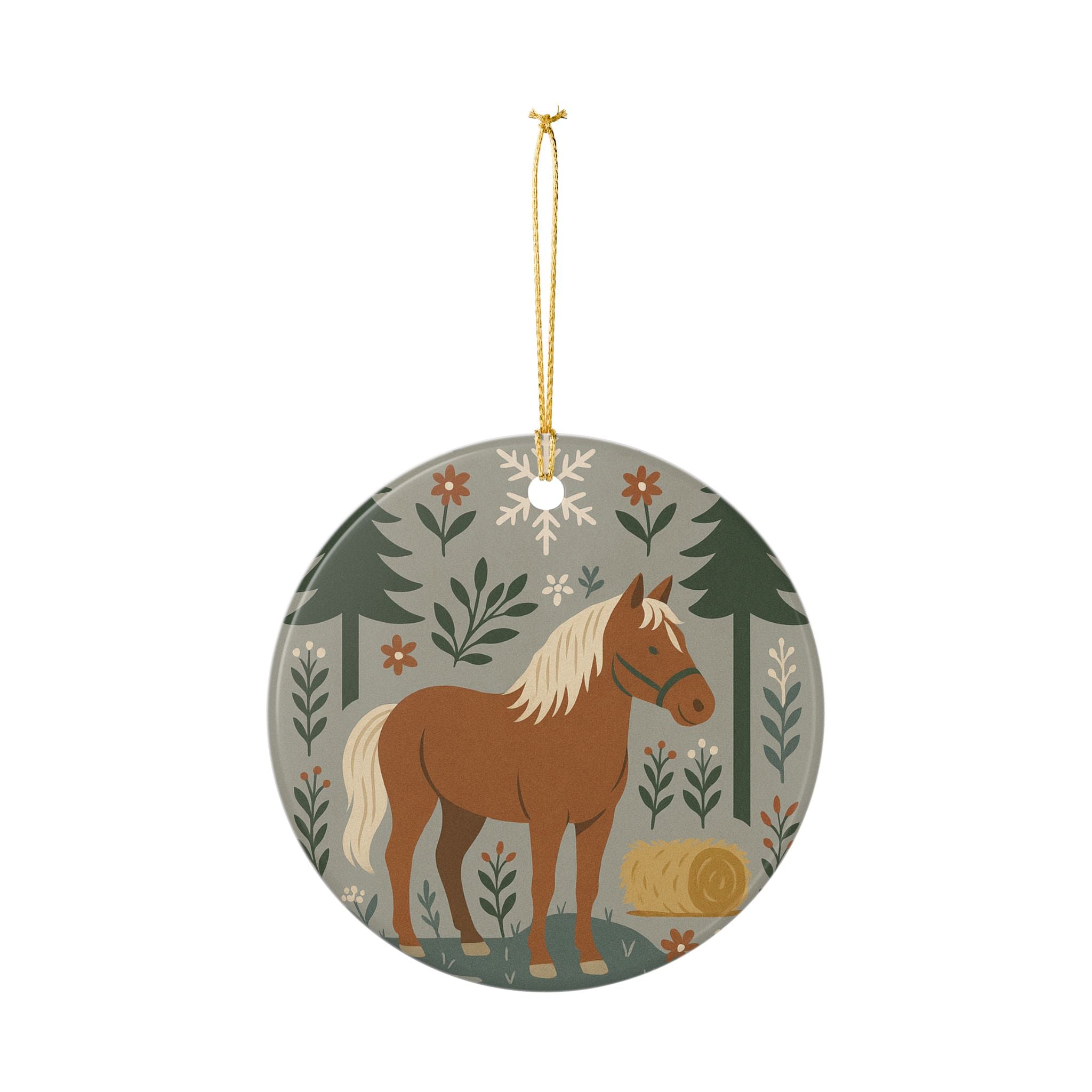 Rustic Horse Ceramic Ornament — Farmhouse Holiday Hanging Decoration