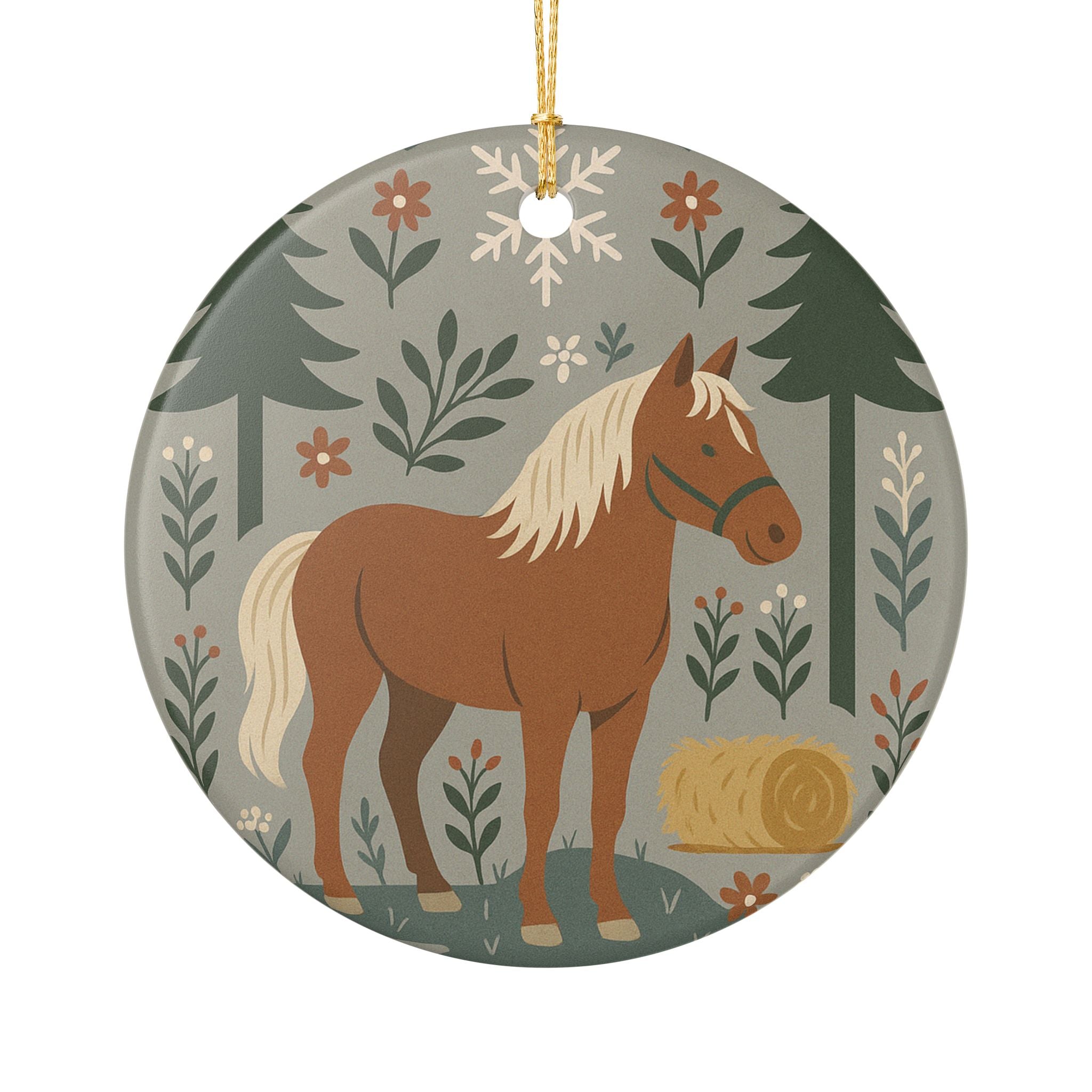 Rustic Horse Ceramic Ornament — Farmhouse Holiday Hanging Decoration