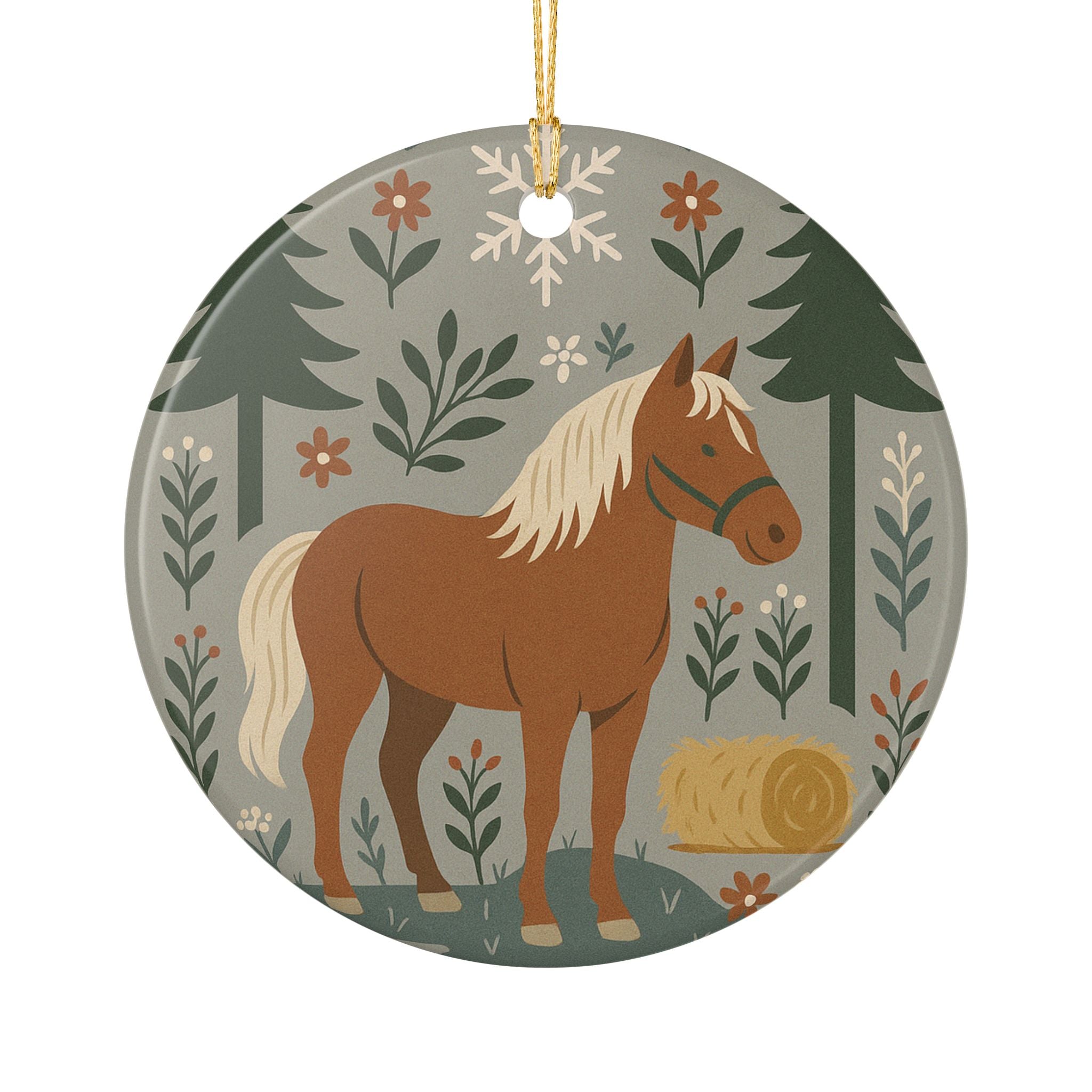 Rustic Horse Ceramic Ornament — Farmhouse Holiday Hanging Decoration