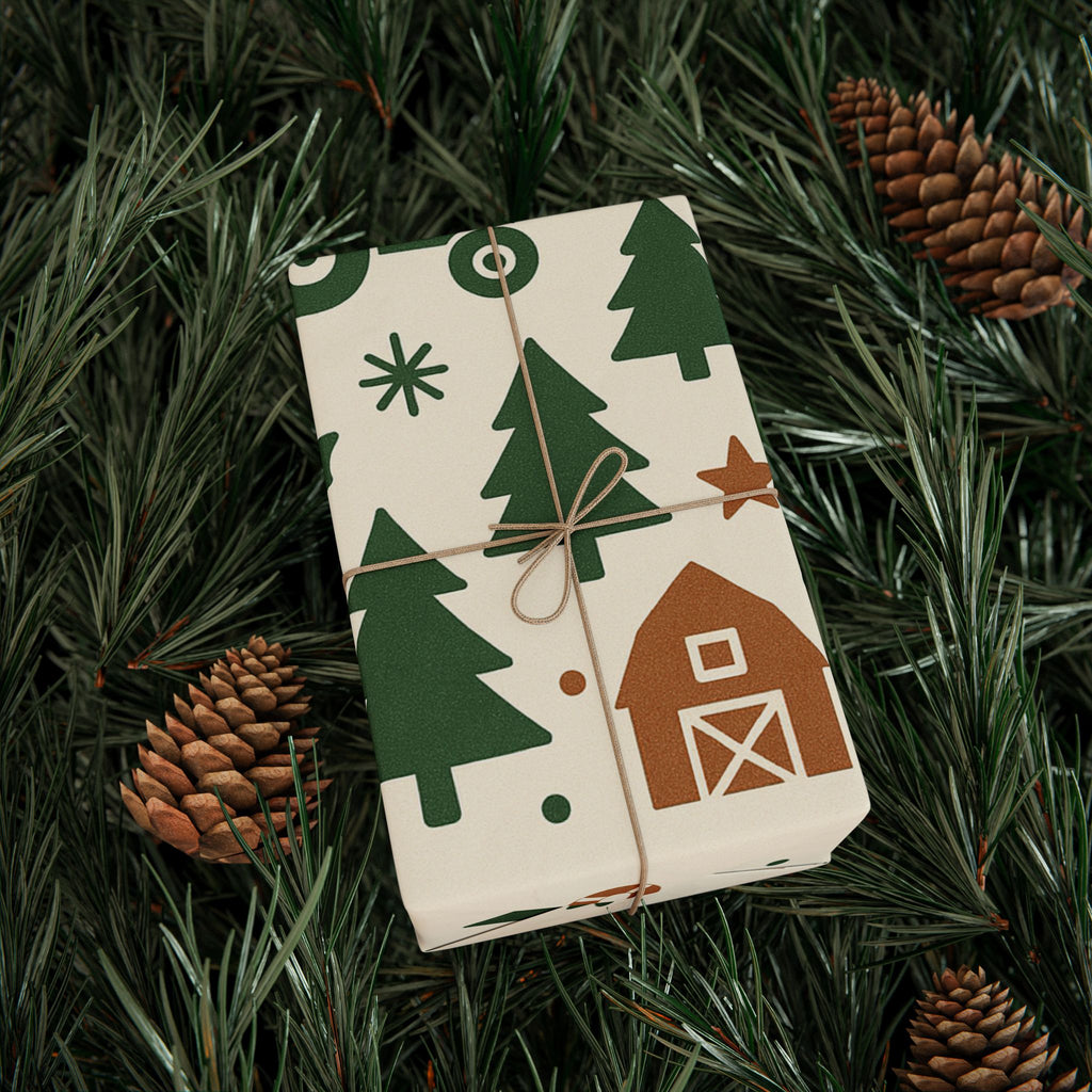 Farm themed Christmas Wrapping Paper With Tractors and Trees