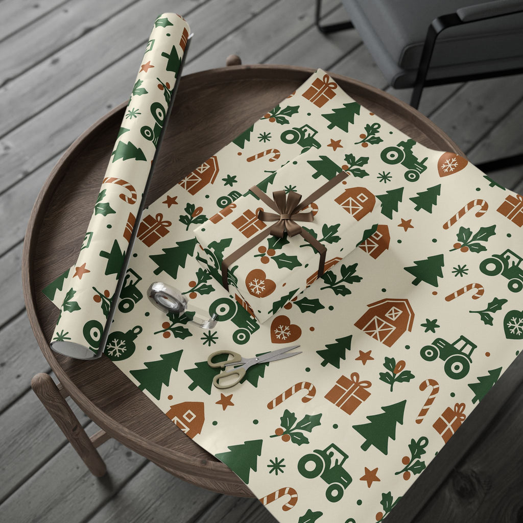 Farm themed Christmas Wrapping Paper With Tractors and Trees